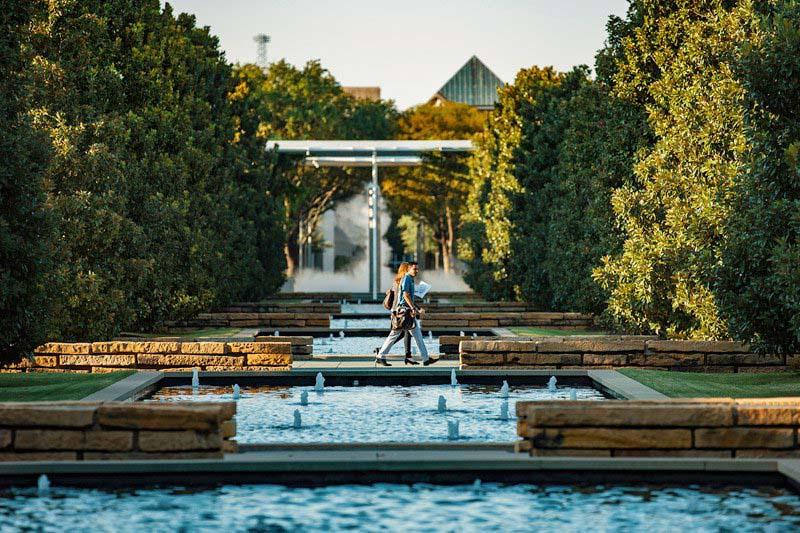 People walking past the reflecting pools and magnolia trees on campus. 